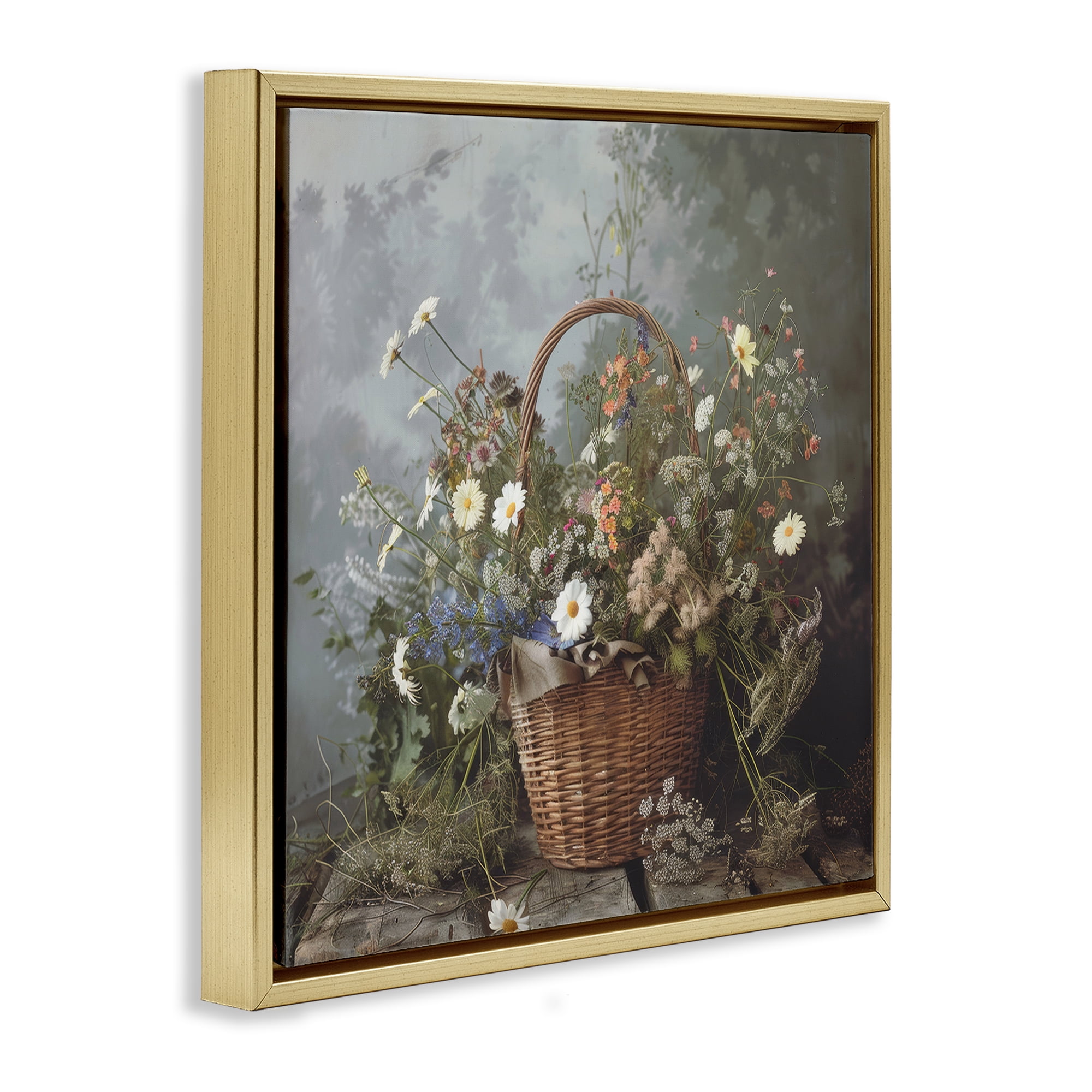 Stupell Industries Floral Basket Still Life Gold Framed Floater Canvas Wall Art, design by Lazar Studio