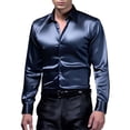 thumbnail image 3 of Mens Satin Dress Shirt Solid Long Sleeve Button Down Shirts Formal Casual Business Prom Party Wedding Navy L, 3 of 4