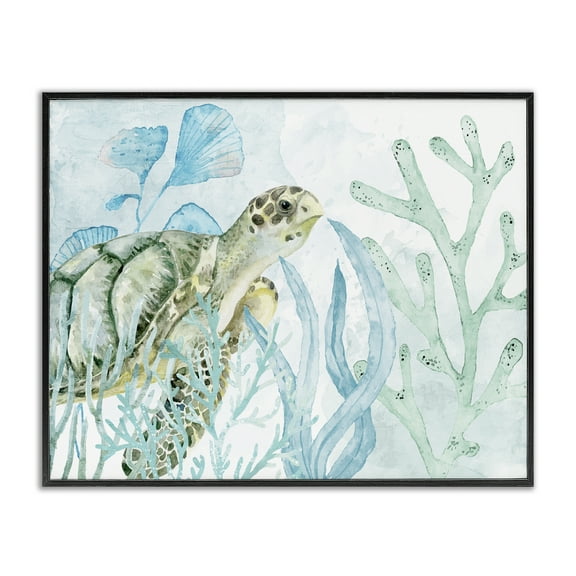 Stupell Industries Turtle in Watercolor Coral Animals Painting Black Framed Art Print Wall Art, 14 x 11