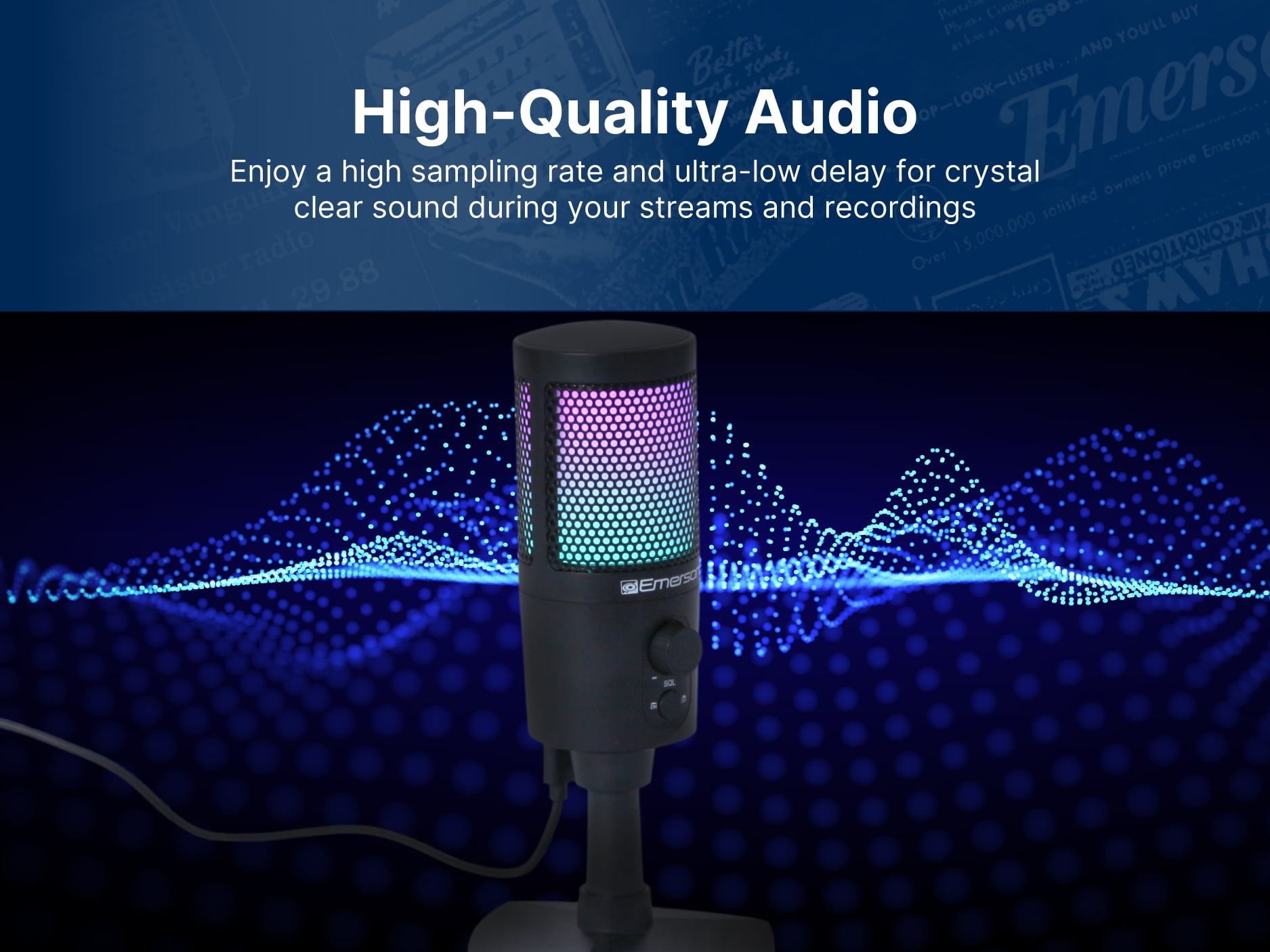 Emerson USB Gaming & Streaming Microphone with RGB Lighting with Tap-to-Mute