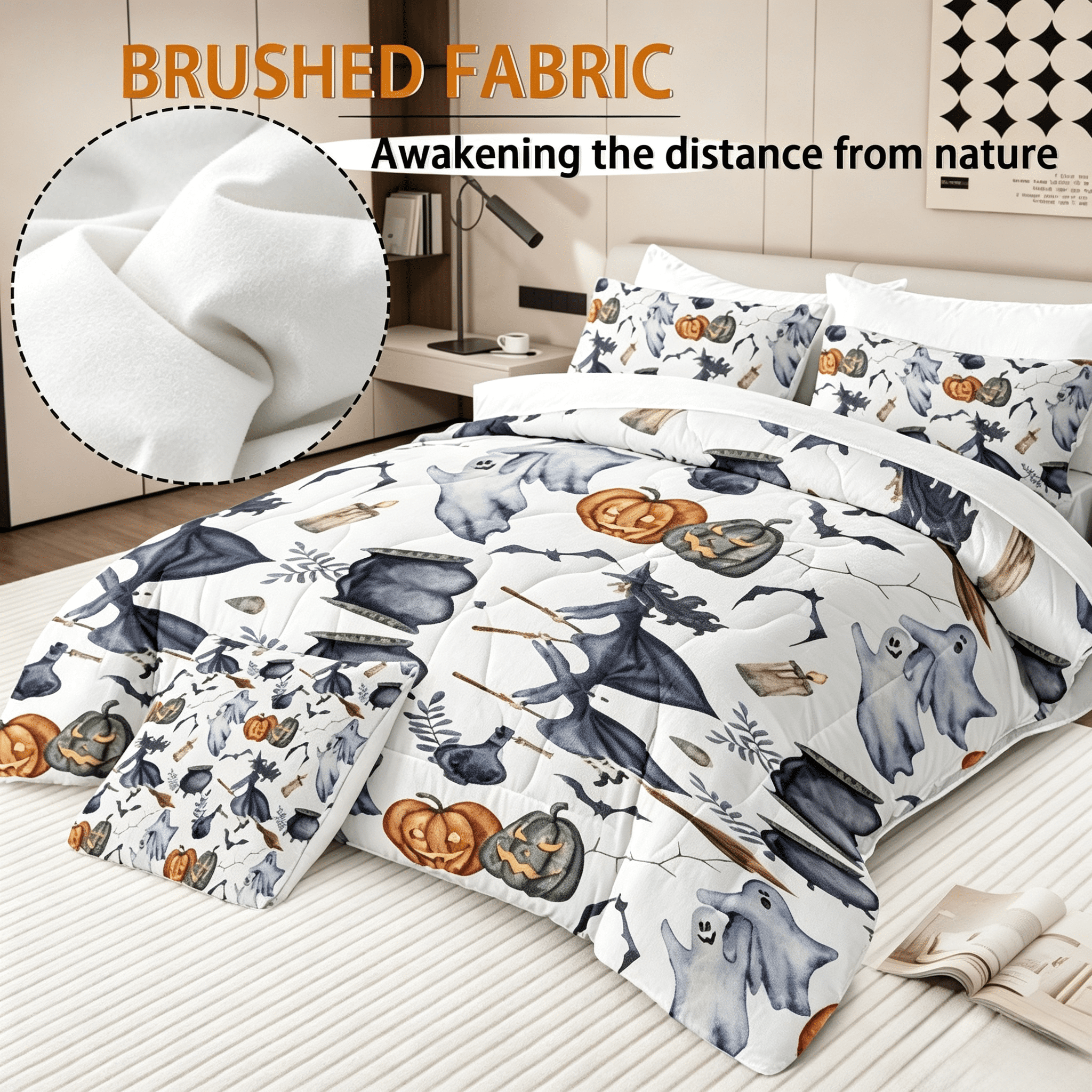 8-Piece Halloween Comforter Set Witch Pattern Bed-in-a-Bag with Sheet Shams Cushion Covers