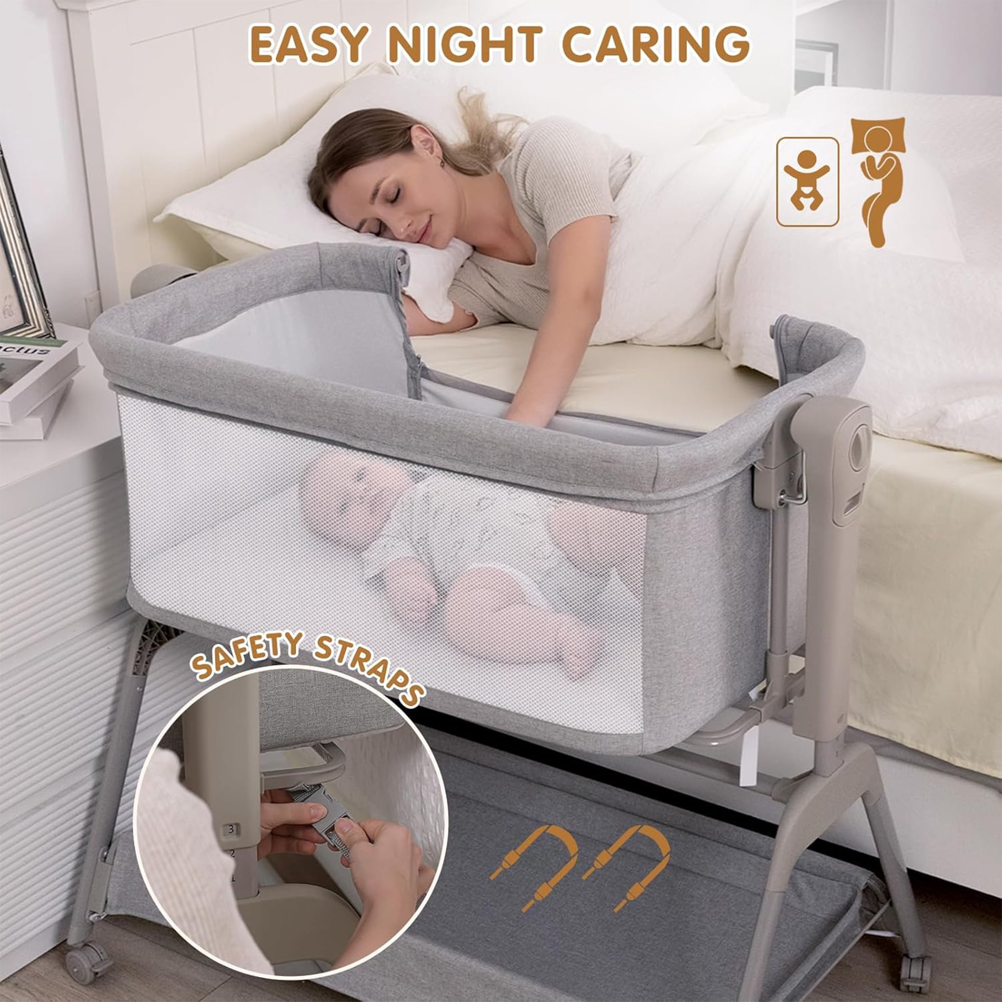 Ezebaby Baby Bassinet Bedside Sleeper, 3-in-1 Rocking Bassinet, Breathable Full-Mesh Baby Crib with 6 Height Adjustable and Lockable Wheels for Newborns