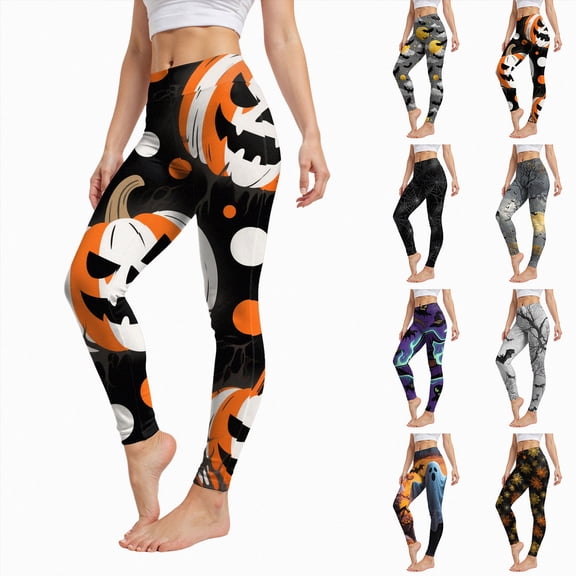 Halloween Leggings for Women High Waisted Fall Athletic Workout Legging Soft Stretch Printed Gym Yoga Pants Plus(Grey,XL)