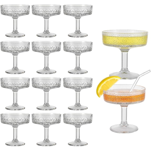 Coupe Glasses Set of 12, 7oz Embossed Floral Martini Glasses,Vintage Cocktail Glass, for Martini, Margarita, Dishwasher Safe,Home Bar &Gift,Glassware