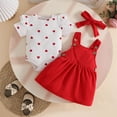 thumbnail image 2 of Huowey Girls Baby Toddler Romper Set Short Sleeve Ruffled Solid Color Crewneck Bodysuit Cartoon Animal Graphic Corduroy A-Line Suspender Skirts With Headband Stylish Outfits,Red,6-9 Months, 2 of 4