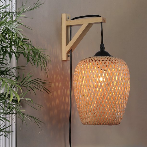 Modern Plug in Bamboo Pendant Wall Light Fixture with Switch Rustic