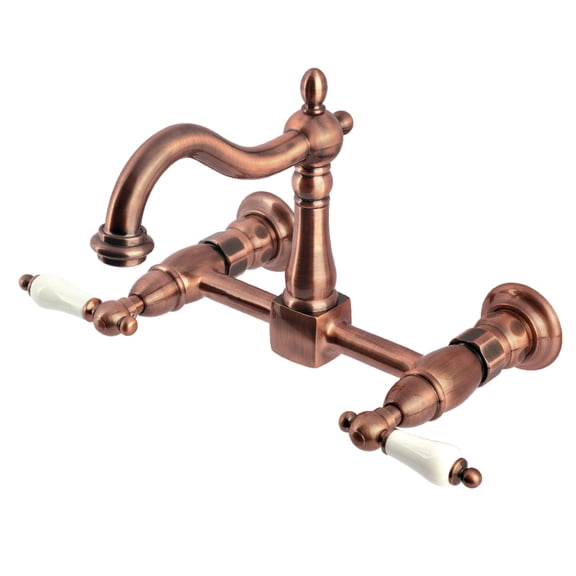 Kingston Brass KS126PLAC Heritage Double-Handle 2-Hole Wall-Mount Bridge Kitchen Faucet in Antique Copper