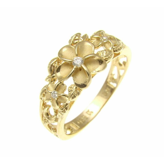 Yellow gold plated silver 925 Hawaiian 3 plumeria flower cz ring maile leaf cut out scroll size 4