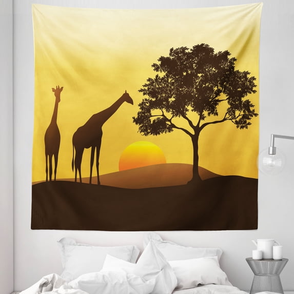 Sunset Tapestry, Safari Themed Scenery Illustration of Giraffes Trees Hills and Sun Print, Fabric Wall Hanging Decor for Bedroom Living Room Dorm, 5 Sizes, Mustard and Dark Brown, by Ambesonne