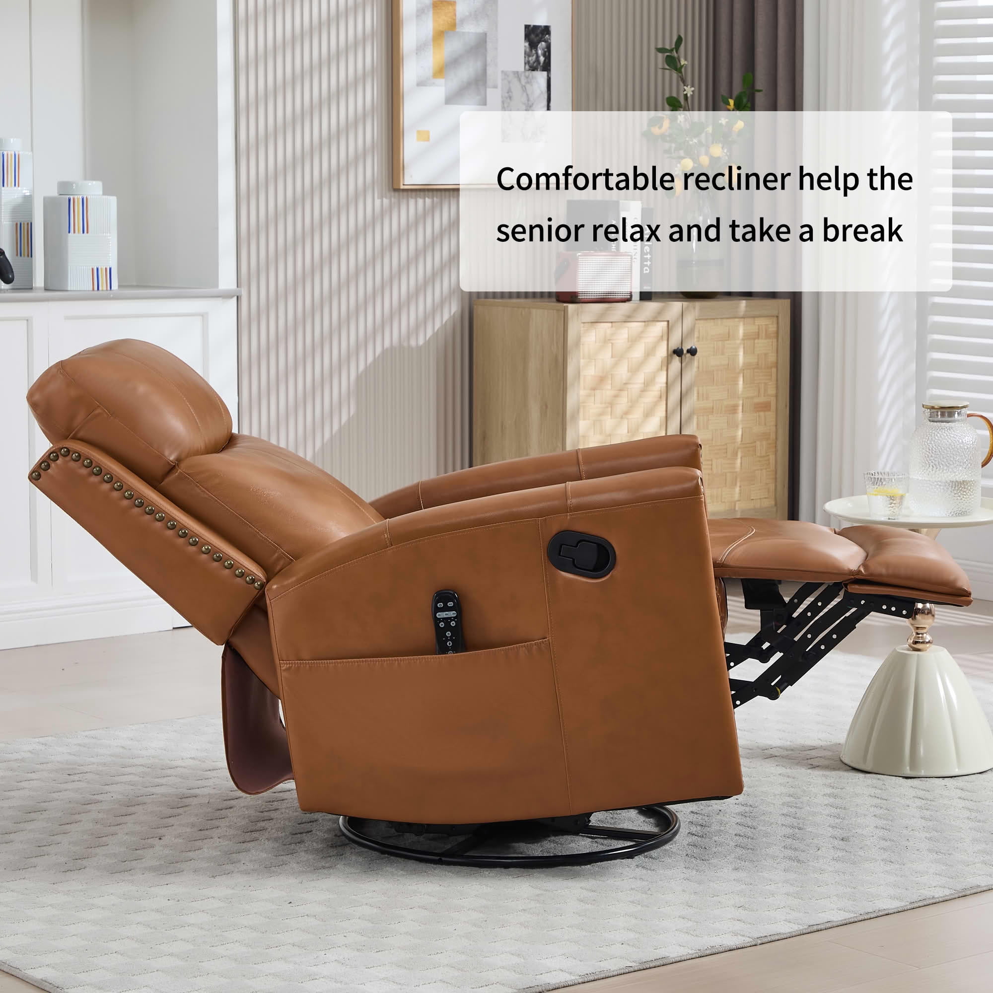 MAYEERTY Orange Genuine Leather Manual Recliner Chair 360° Swivel Rocker 155° Recline with 8-Point Massage Heat for Living Room