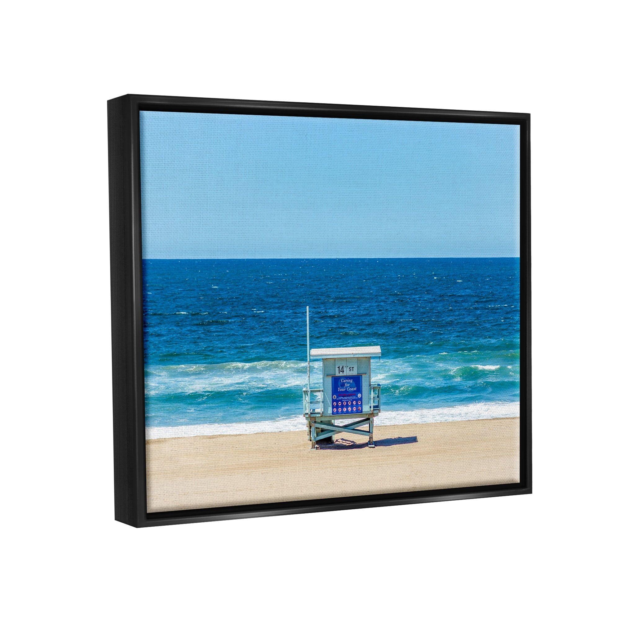 Stupell Industries Vivid Blue Beach Water Waves Coastline Hut Photograph Metallic Gold Floating Framed Canvas Print Wall Art, Design by Jeff Poe Photography