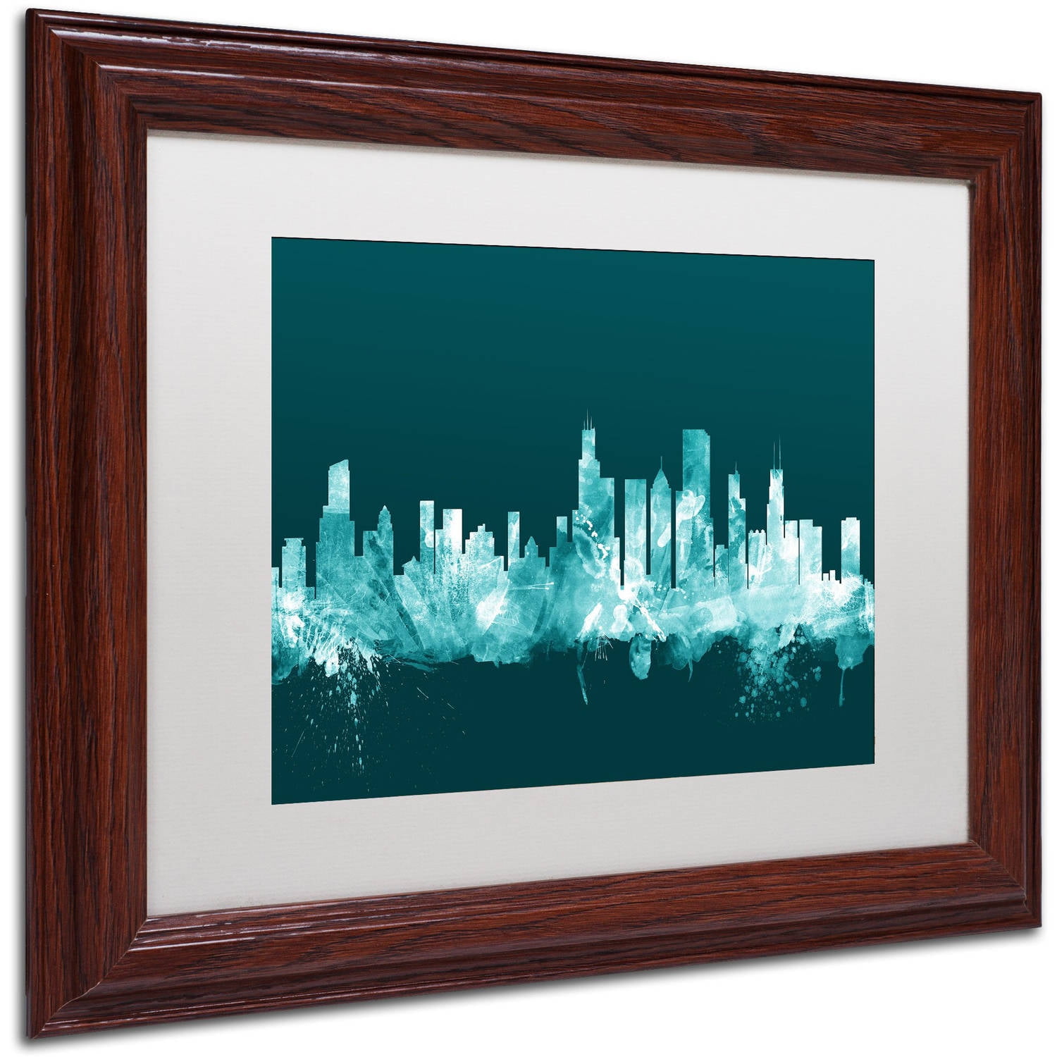 Trademark Fine Art "Chicago Illinois Skyline Teal" Canvas Art by Michael Tompsett, White Matte, Wood Frame