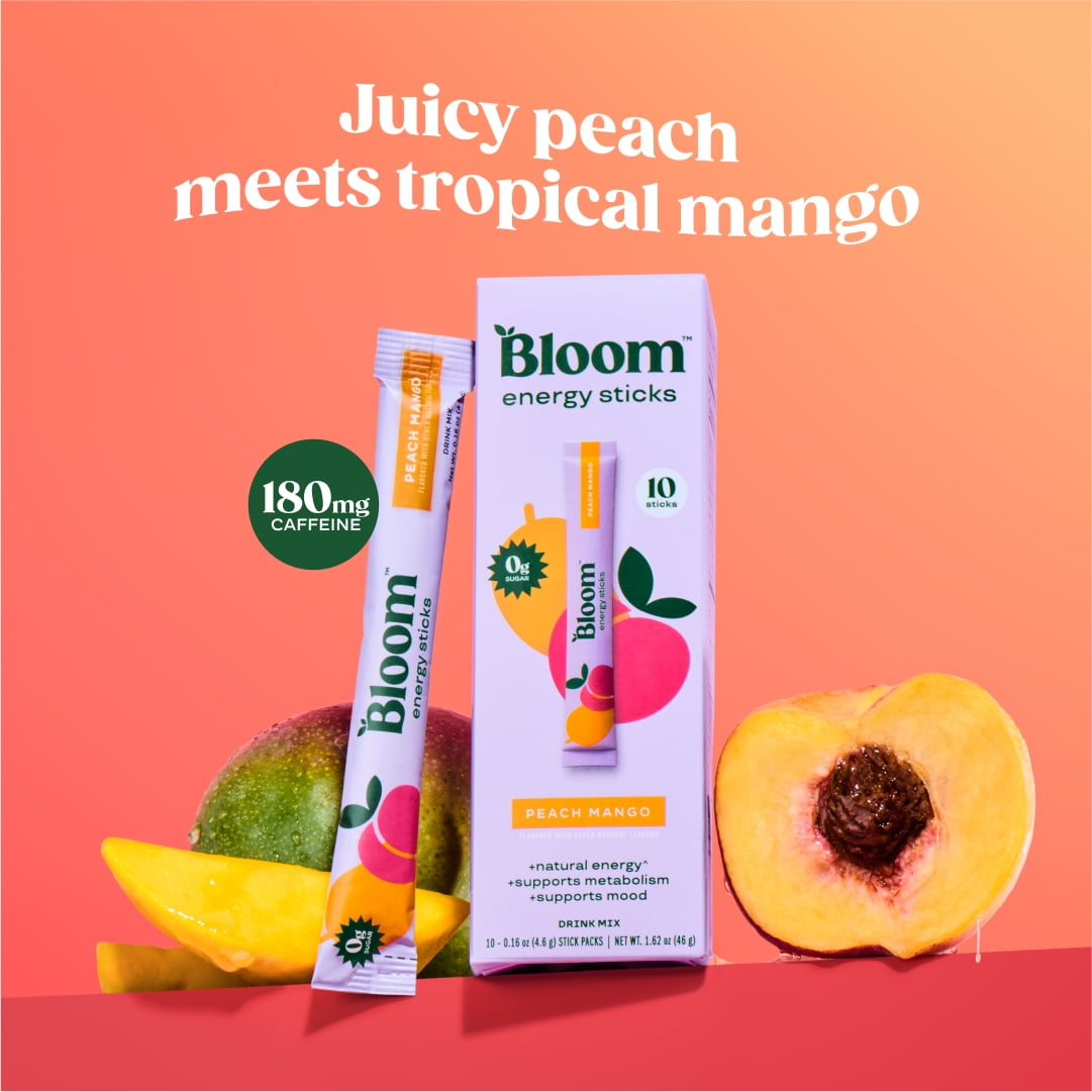 Bloom Nutrition Energy Powder Drink Mix, Sugar Free, Peach Mango, 10 Count
