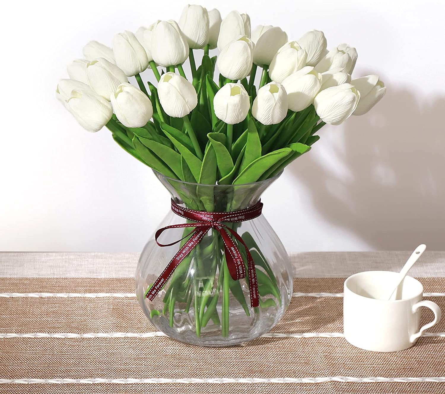 White Artificial Flowers 20 Pcs Faux Tulips PU Real Touch Fake Flowers for Home Office Wedding Decor Arrangement Bouquet Faux Flowers for Decoration