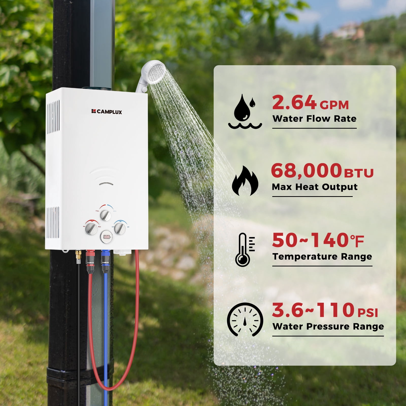 CAMPLUX 2.64 GPM 68,000 BTU Outdoor Portable Propane Tankless Water Heater with 3.3 GPM Water Pump Kit, CSA Certified