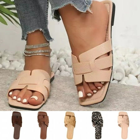 

Women s Rectang Toe Casual Flat Sandals Solid Color Open Toe Non Slip Shoes Outdoor Versatile Slippers Brown qILAKOG Size 5.5