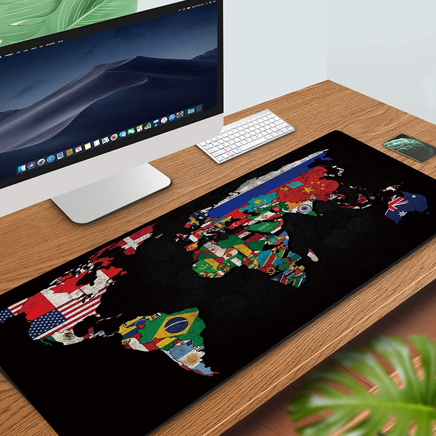 31.5x11.8 Inch Black World Flag Map Long Extended Large Gaming Mouse Pad with Stitched Edges Computer Keyboard Mouse Mat Desk Pad