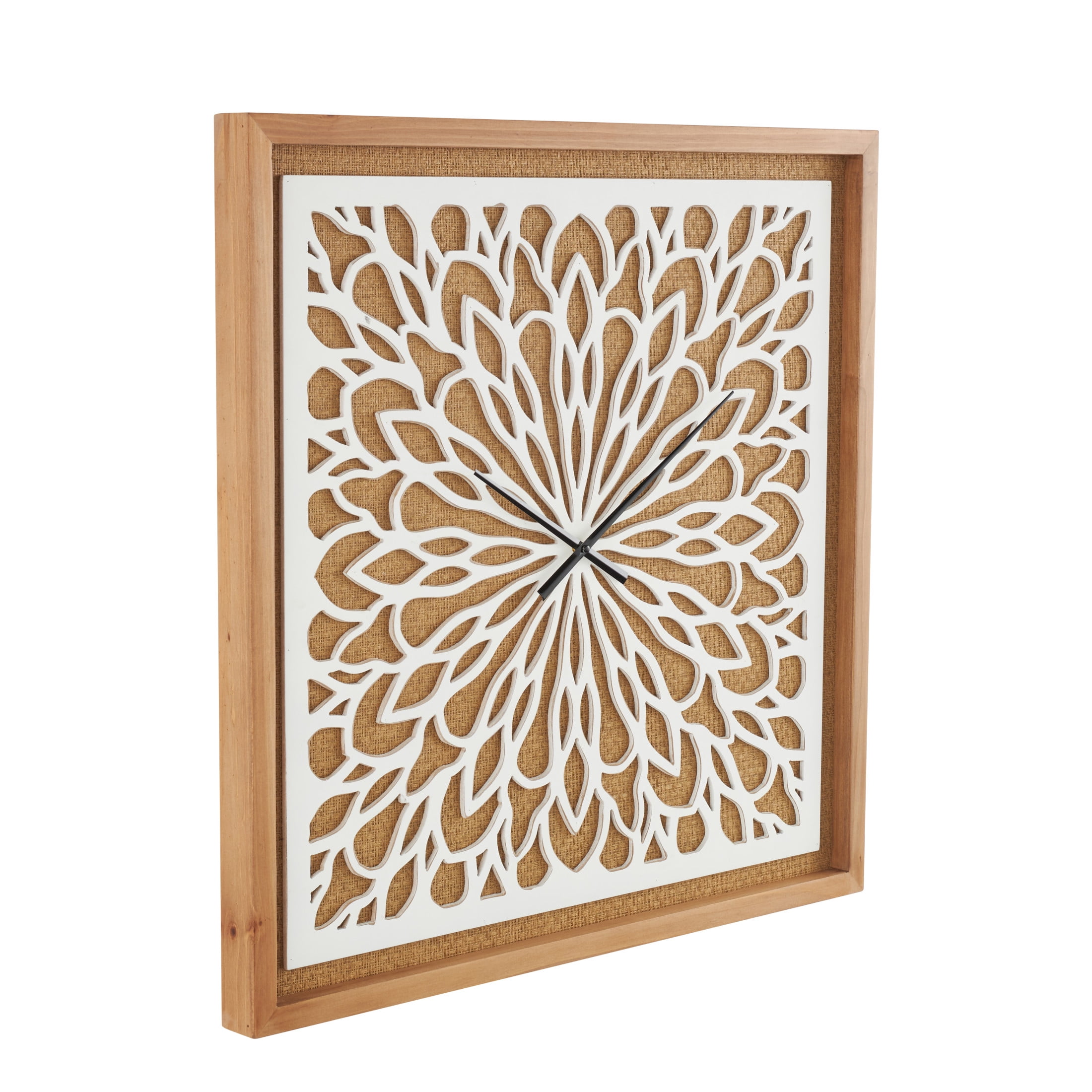 DecMode 32" Brown Wood Floral Wall Clock with White Cutout Board