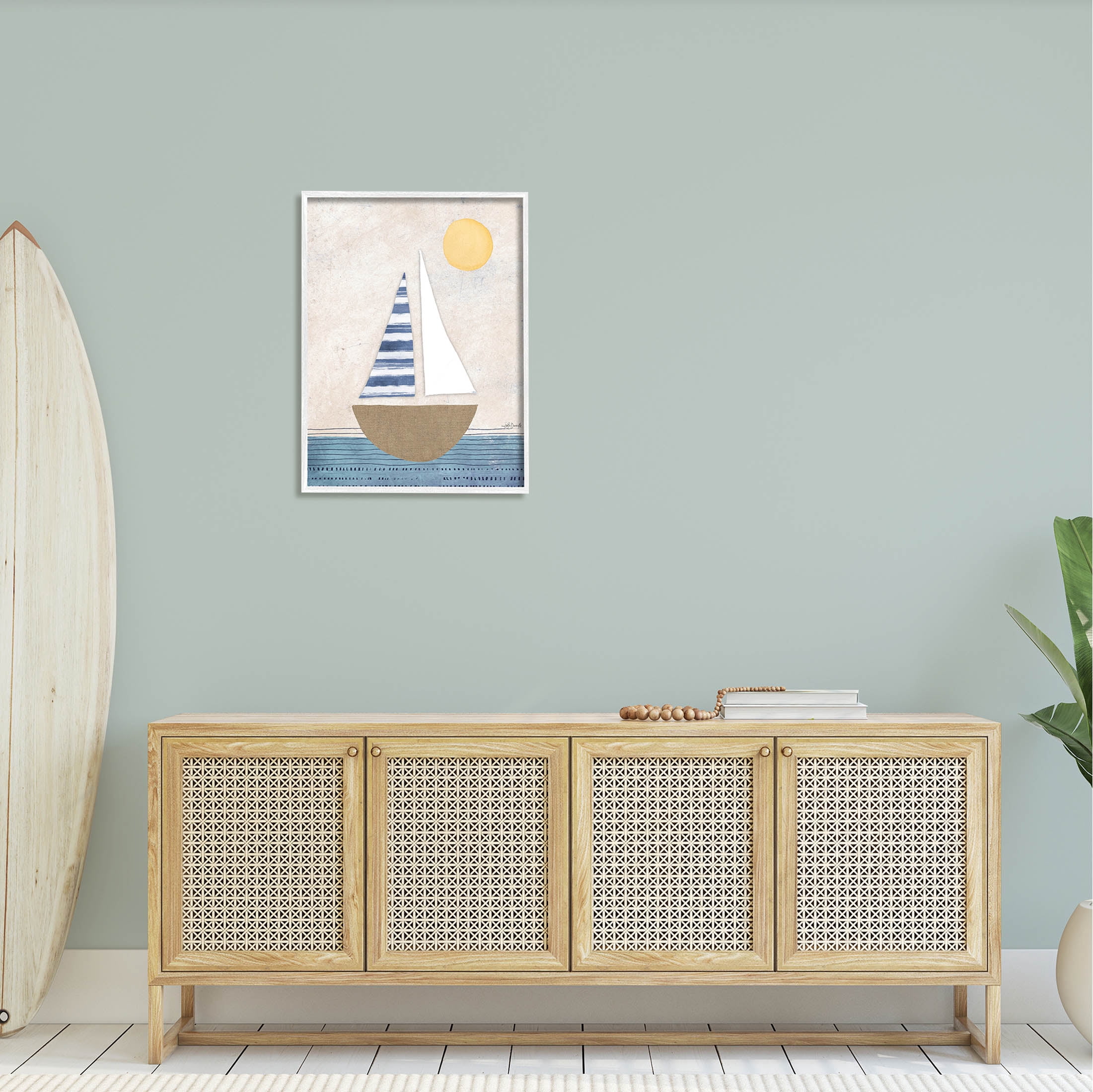 Stupell Industries Geometric Sailboat Striped Ocean Water Graphic Art White Framed Art Print Wall Art, Design by Katie Doucette