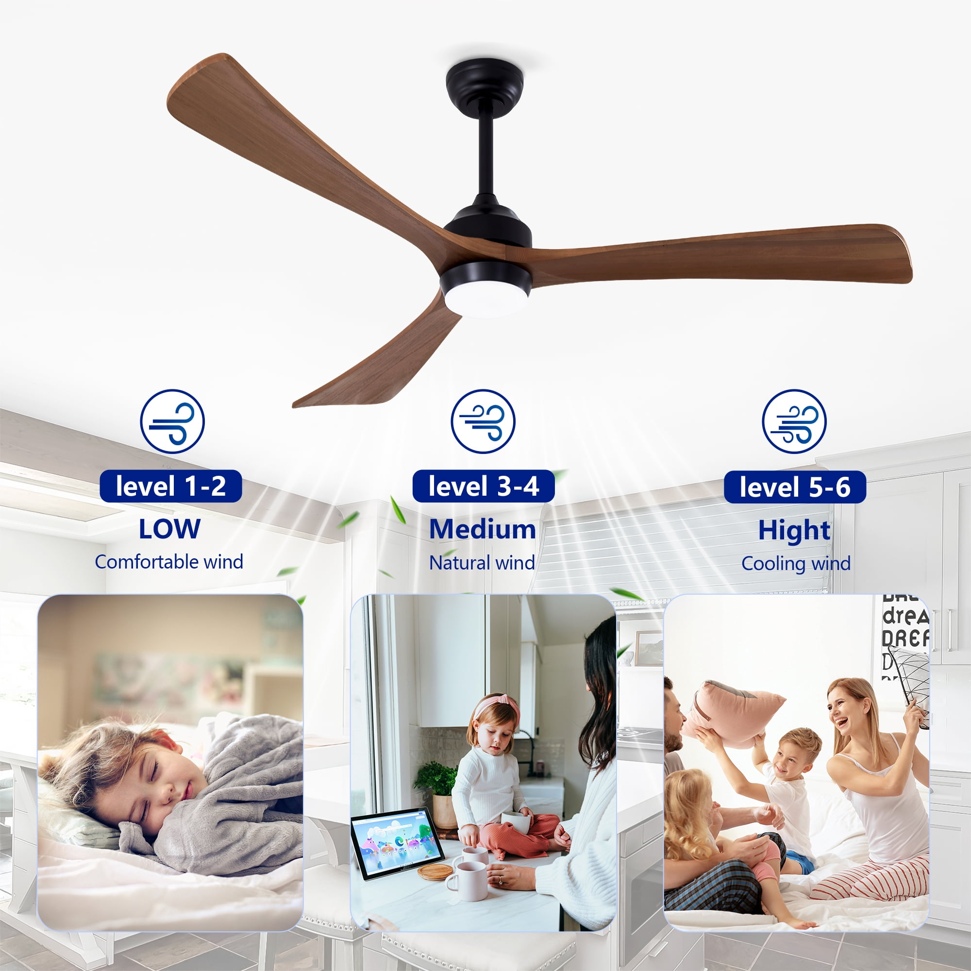 Leumius 62" Solid Wood Blades Ceiling Fan with Light and Remote Control,Quiet DC Motor 3 Blade Ceiling Fans 6 Speed Levels,Reversible for Patio Living Room Bedroom Office Black