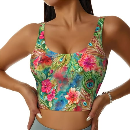Sports Bras for Women - Peacock Feathers And Flowers Seamless Yoga Bra Workout Crop Top with Removable Pads