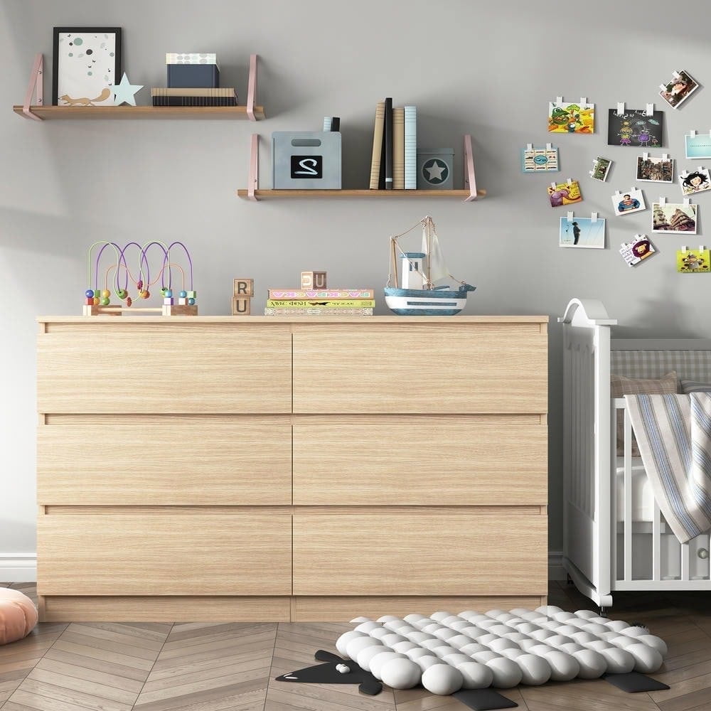 Resenkos 6-Drawer Dresser, Light Woodgrain Chest, Spacious Storage, 150lb Top Capacity, Smooth Metal Slides, Brown