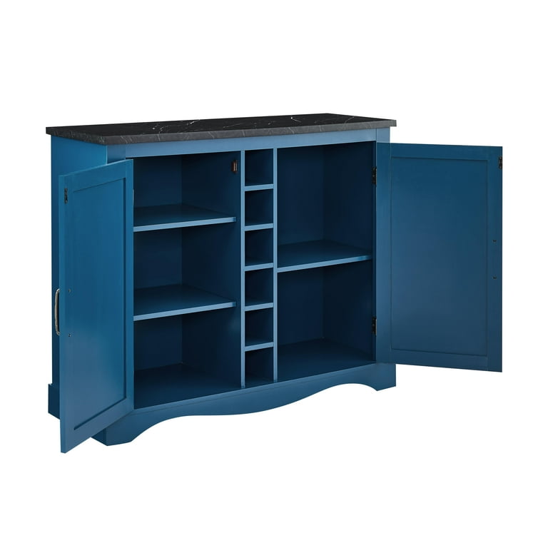 FESTIVO 47 in. Navy Blue Wood Buffet Bar Cabinet with Wine Rack with Marbling Pattern Countertop Walmart