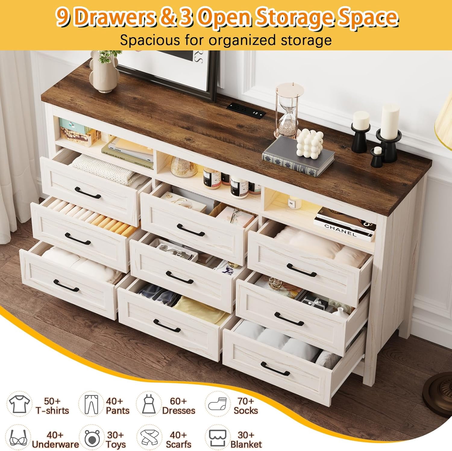 ANPOO Farmhouse 9 Drawers Dresser with LED Lights & Power Outlet, 63" Wide Large Chest of Drawers with Storage Organizer/60000 Colors Light, Modern Wood Dresser for Bedroom, Living Room, Hallway