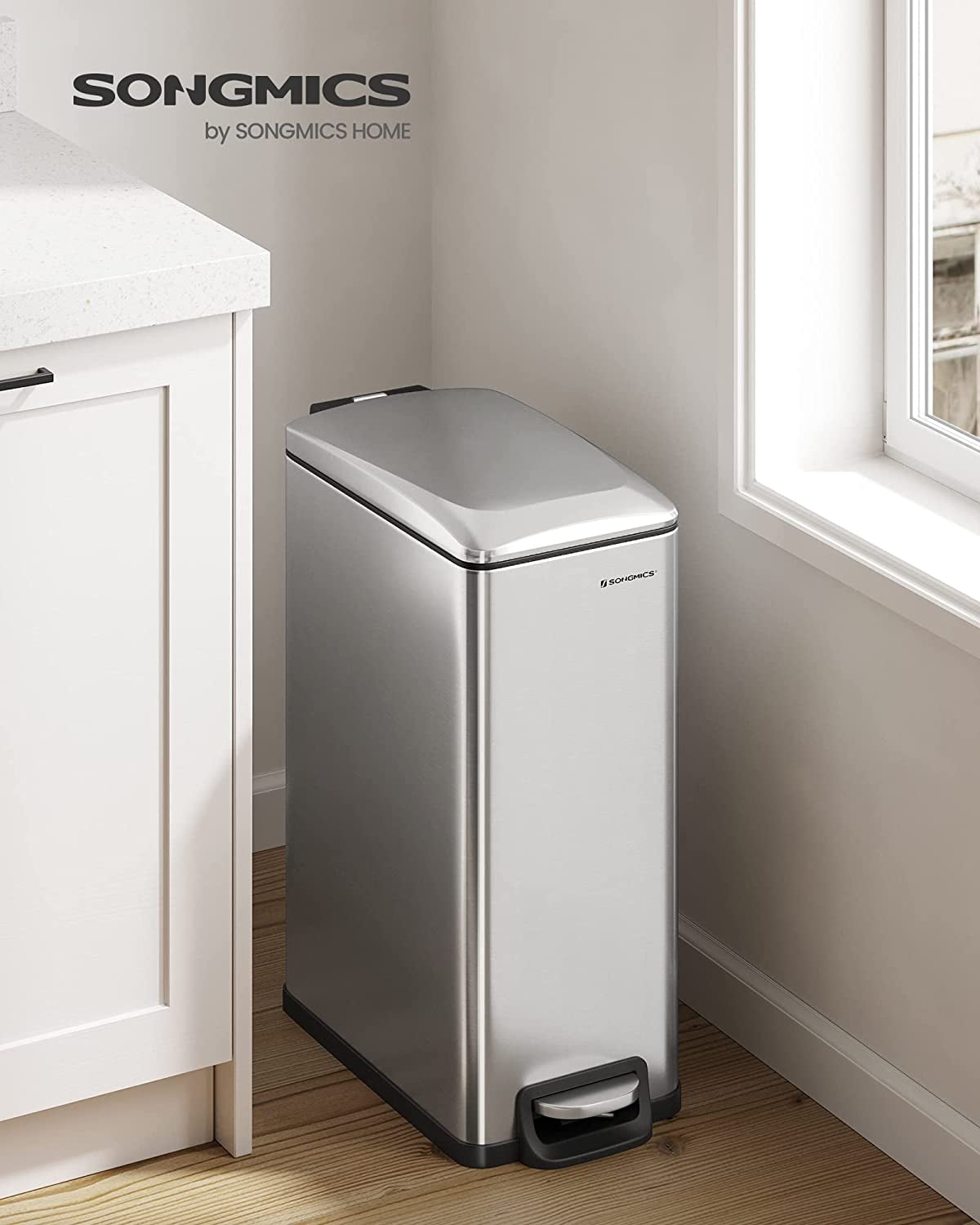 12.7 Gallon Slim Trash Can, Kitchen Garbage Can for Narrow Spaces, Stainless Steel, Silver