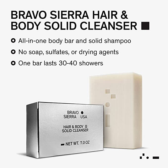 Bravo Sierra Hair & Body Bar Cleanser for Men, Unscented, All Skin Types, 7 oz