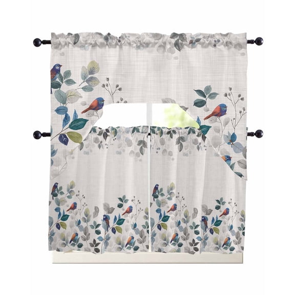 Eucalyptus Leaves Kitchen Curtains Sets 36 Inch Length with Valance, Retro Farmhouse Botanical Floral Birds Swag Valances and Tiers Curtain Set Drapes Swag Curtains for Living Room, Bathroom, Bedroom