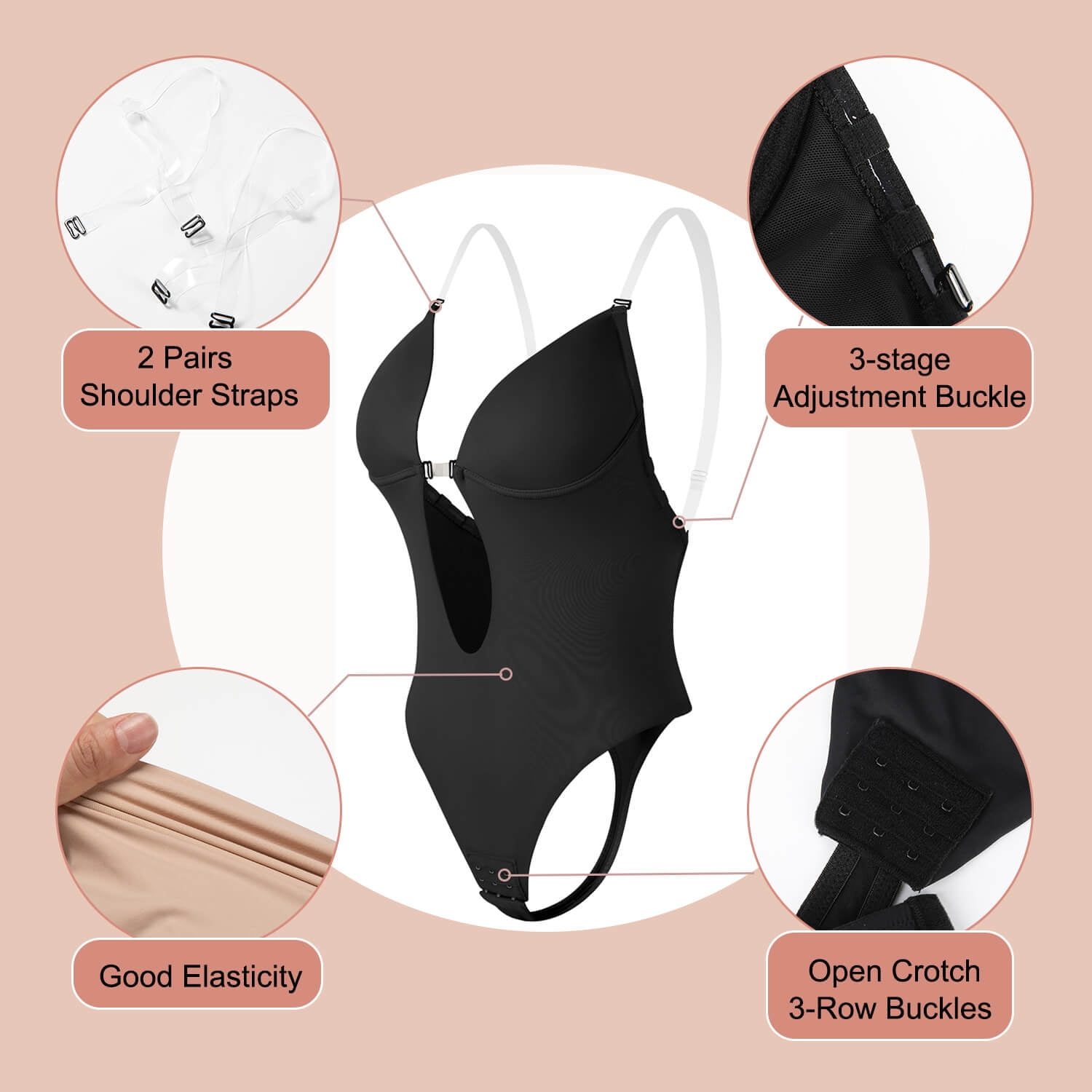 Women Shapewear Backless Body Bra Shaper Plus Size Plunge Invishaper Low Back Thong Bodysuits Open Crotch Daily Use