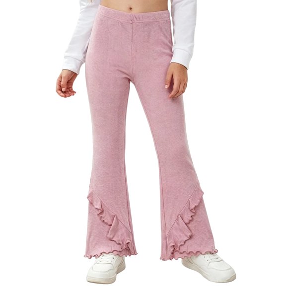 WQNVRNR Girls Flared Pants Elastic High Waist Ruffle Hem Slimming Casual Kids Long Pants Pink 8 Years