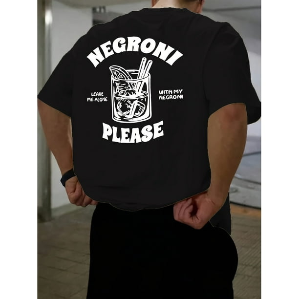 Camiseta de verano de manga corta para hombre - Estampado "Negroni Please", camiseta informal de mezcla de poliéster negro con gráfico de barman, lavable a máquina, estilo informal de verano | Cuello