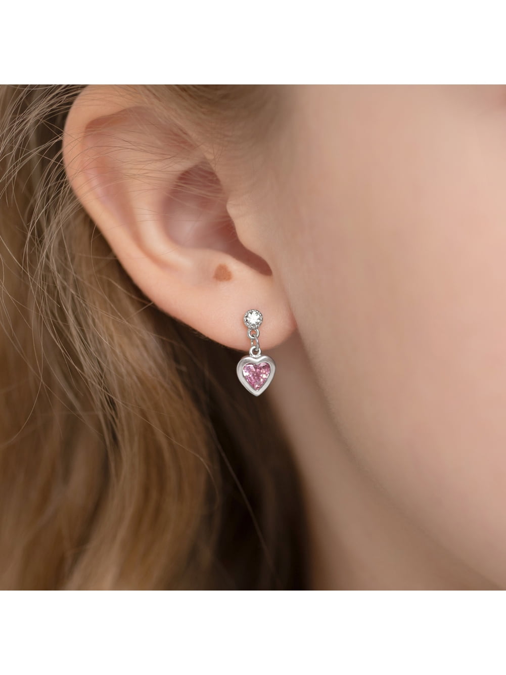 My First Dangle Hearts Pink Kids / Girls Earrings Screw Back - Sterling Silver