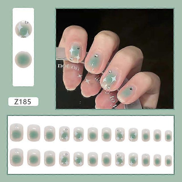 24 uñas postizas cortas con halos verdes, estilo dulce, para presionar.