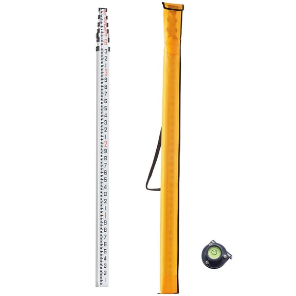 KFFKFF 18-Foot Aluminum Telescopic Measuring Rod, 6-Section Double-Sided Scale Leveling Stick, 1/10ft Graduations,Durable Aluminum Alloy Survey Rod with Bubble Level and Carrying Bag for Construction