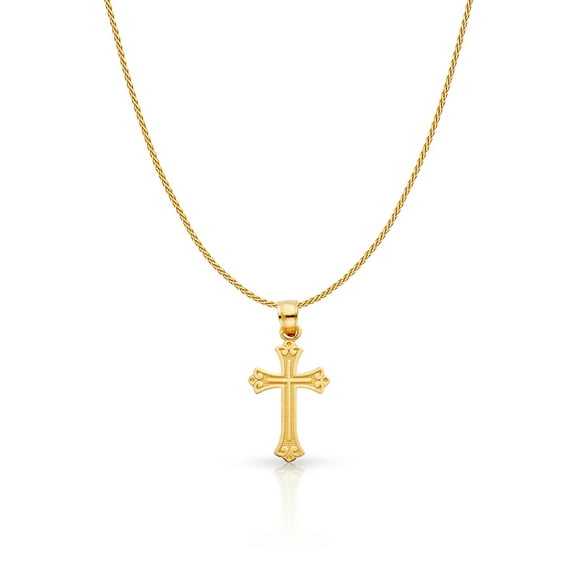 14K Yellow Gold Cross Charm Pendant with 0.9mm Wheat Chain Necklace - 22"