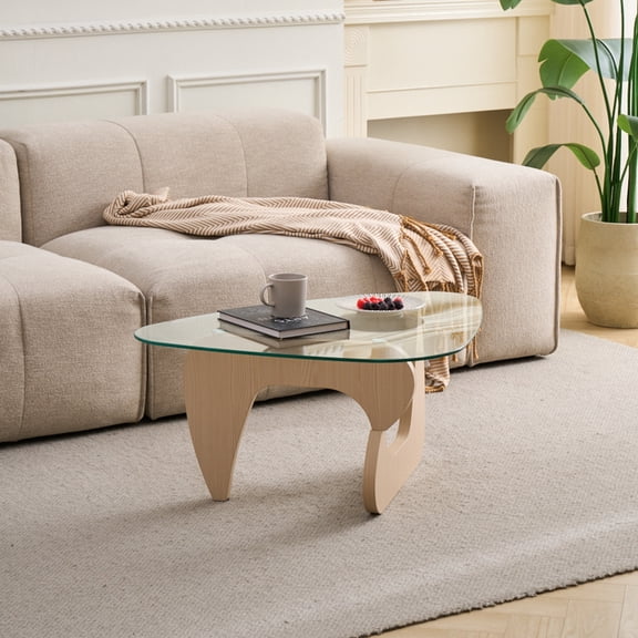 Sumdeal 43.3 in Rectangular Glass Coffee Table, Walnut Brown Wood Base, Center Table for Living Room