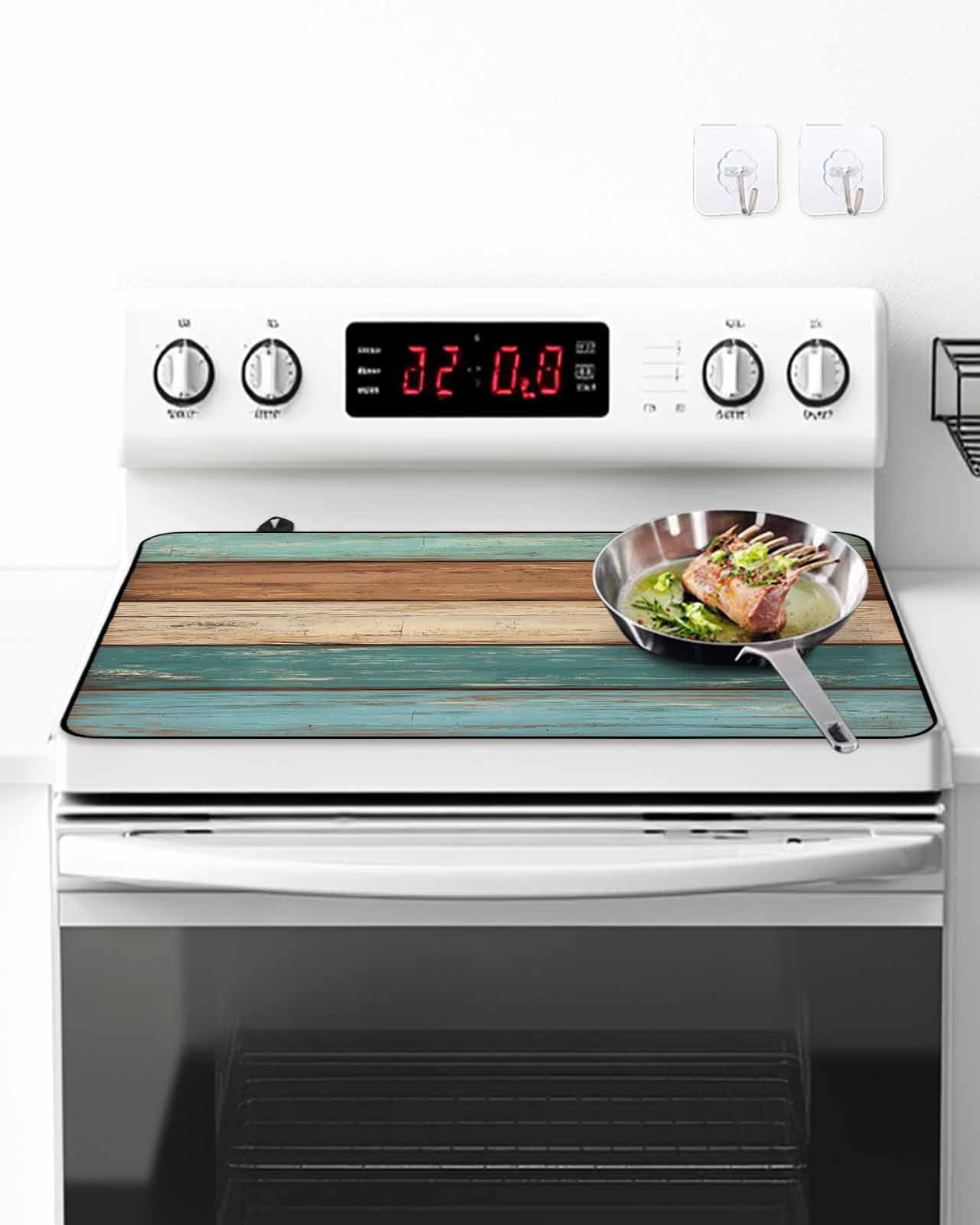 Stove Top Covers for Electric Stove 24x21In, Teal Turquoise Heat Insulation Fireproof Glass Cooktop Protector, Retro Farmhouse Wood Grain Brown Multipurpose Countertop Stovetop Cover for Kitchen