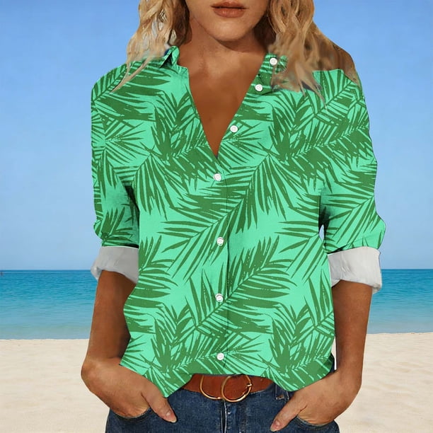TaTaai Ladies Casual Lapel Long Sleeve Shirt Cotton Linen Like Hawaiian Print All Over Pattern Fashion Top for Spring Summer Fall Daily Street Wear Soft Comfortable Stylish Blouse Gift