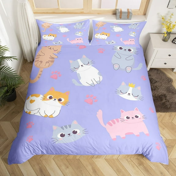 Erosebridal Cat Bedding Set Twin Size,Cute Cats Comforter Cover Kawaii Room Decor,Cartoon Pet Animal Paw Print Duvet Cover Lovely Kitten Bed Cover Purple Soft Breathable Zipper Closure