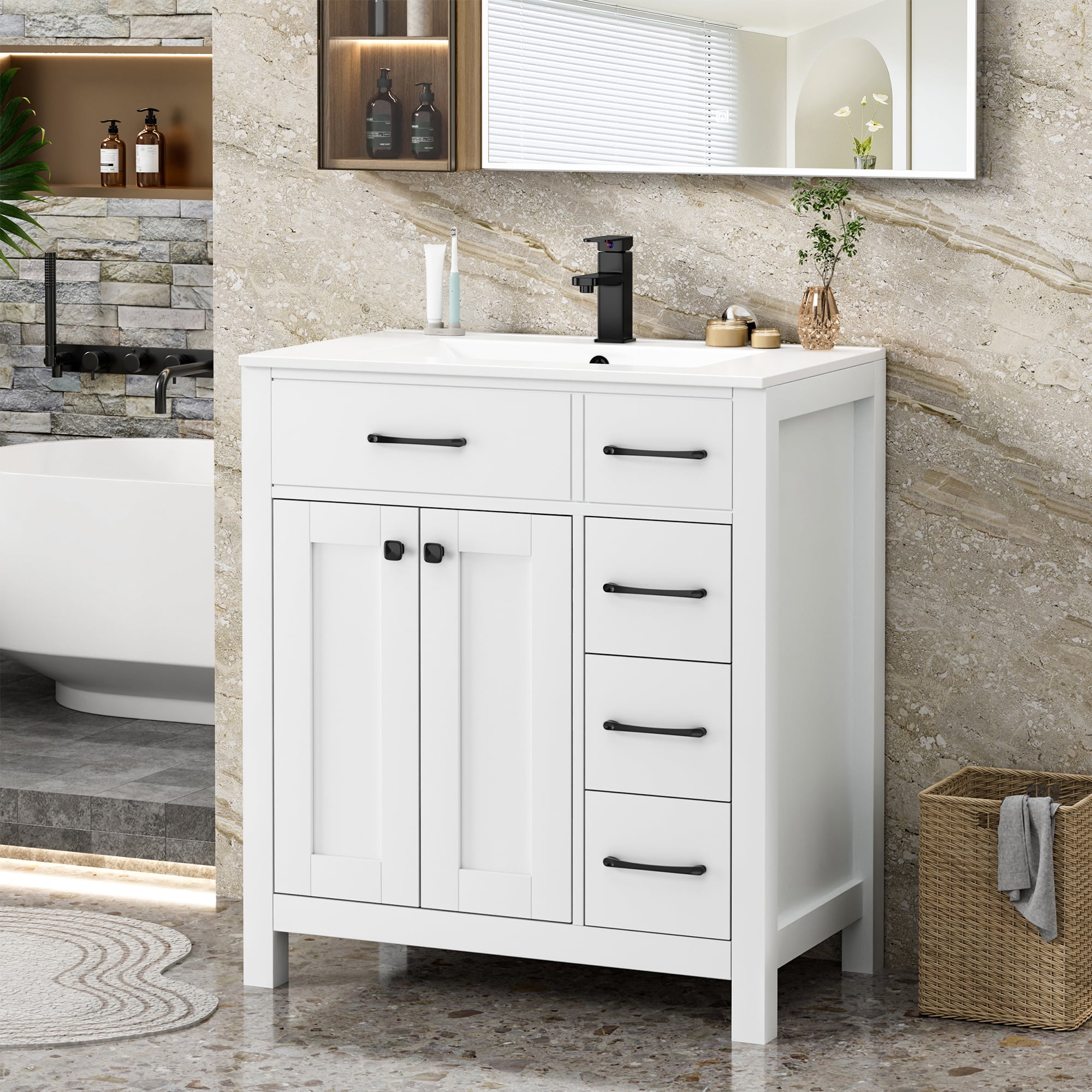 eclife 30 in Bathroom Vanity with Integrated Sink Top, White