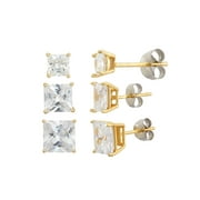 White CZ Square 4mm, 5mm and 6mm 18kt Gold over Sterling Silver Stud Earrings Set