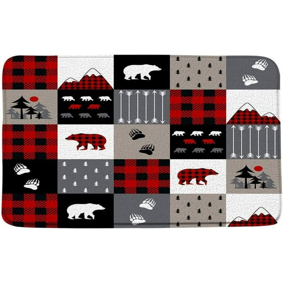 Rustic Bear Plaid Cabin Bath Mat, Lodge Wildlife Animal Camp Hunting Shower Floor Carpet, Black Red Buffalo Bathroom Rug, Absorbent Doormat Bedroom Kitchen Toilet, 20x 32 Inch