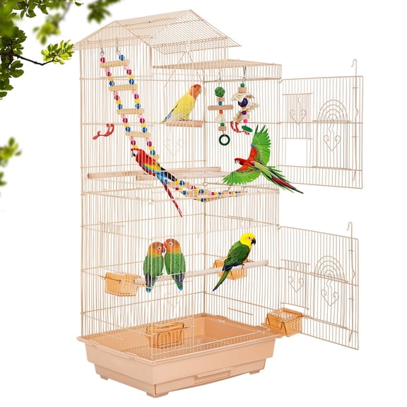 NiamVelo 39 inch Metal Bird Cage for Parakeets, Roof Top Parrot Cage with Toys Flight Pet Cage for Outdoor&Indoor,Almond