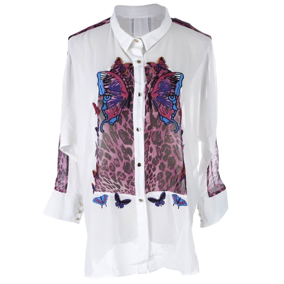 S/M Fit White Sheer Collared Button Down Purple Butterfly Print Shirt