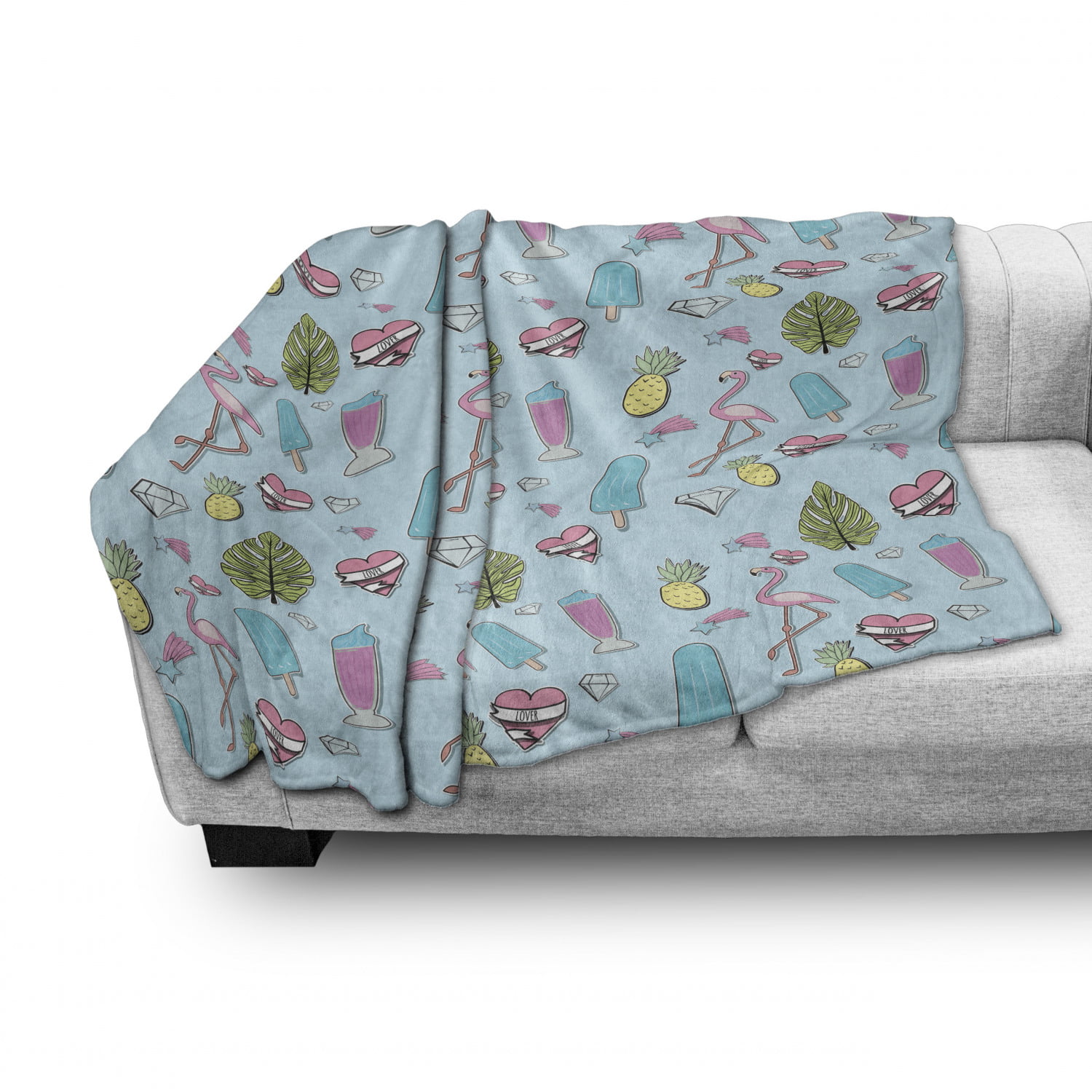 Flannel Fleece Accent Piece Soft Couch Cover for Adults Ambesonne Summer Throw Blanket Pale Blue Multicolor Repeating Fun Items of Popsicle Flamingo Pineapple Diamond Heart Star Leaf 50 x 70