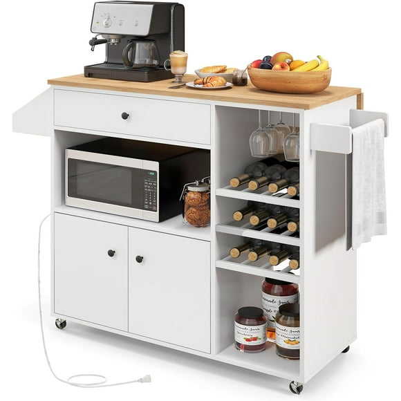 Patiojoy Kitchen Island Cart with Drop-Leaf & Power Outlet Rolling Kitchen Cart on Wheels with Microwave Shelf Glass Holder White & Natural