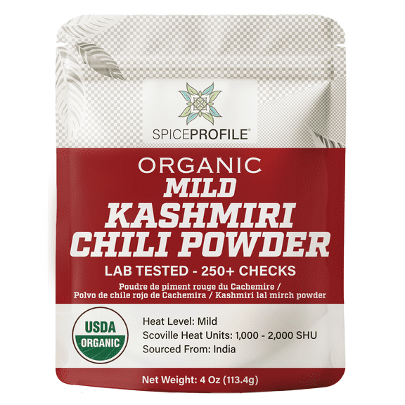 Spice Profile USDA Organic Low Heat Kashmiri Chili Powder, 4 oz, Lab Tested for Heavy Metals, Milder than Deggi Mirch Chilli, Chile rojo de Cachemira en polvo